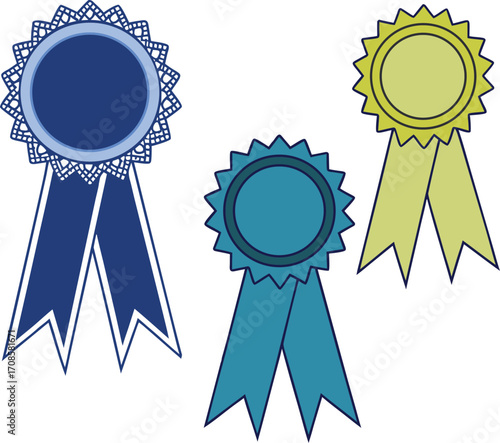 Set of award ribbons in blue, teal, and yellow with blank centers for customization. Perfect for recognition, achievement, and celebration designs. Editable vector illustration.