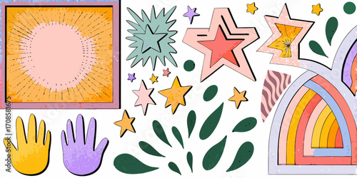 Collection of playful abstract shapes and elements in pastel and vibrant colors with a retro feel
