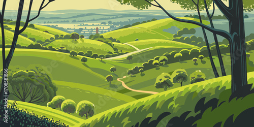 Stylized illustration of rolling green hills with trees and a distant village under a pale sky