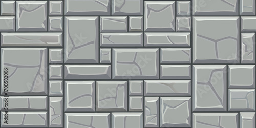Seamless pattern of grey stone blocks with irregular shapes and visible cracks