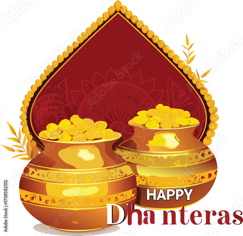 Two golden pots overflowing with coins and festive decoration
