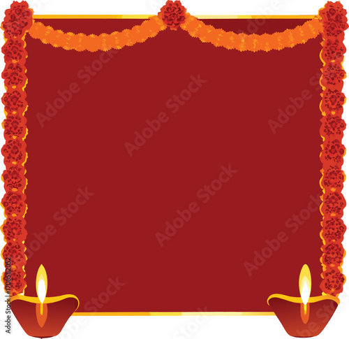 Red frame with marigold garlands and diyas oil lamp