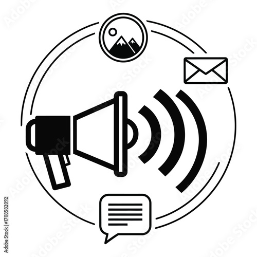 Vector art of a megaphone broadcasting messages with icons isolated on white background
