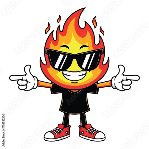 Vector art of cartoon fire character with sunglasses pointing isolated on white background