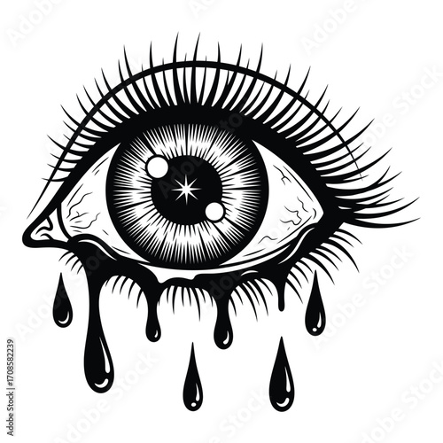 Vector art of crying eye with dripping tears isolated on white background
