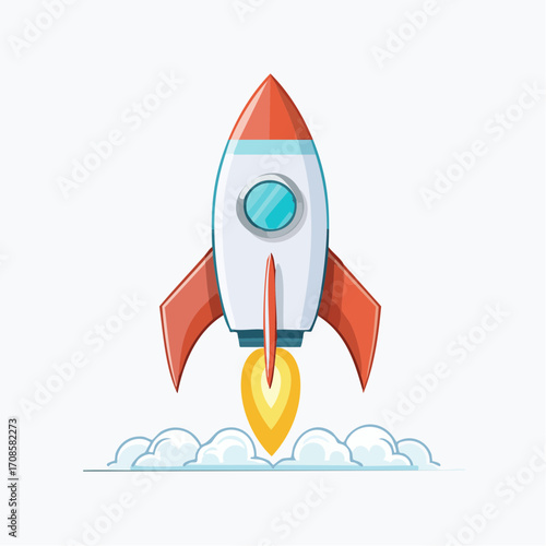 Illustration of a stylized rocket ship launching, cartoon-like design on white background