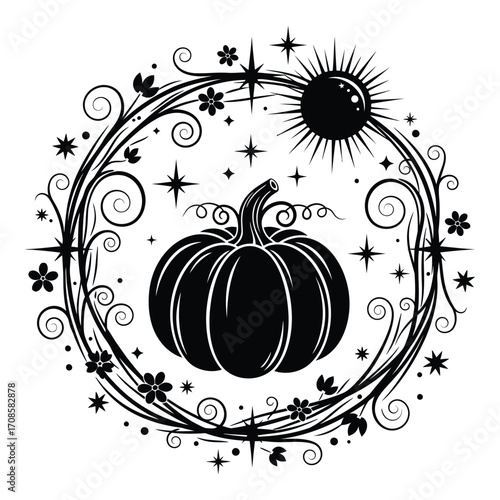 Vector art of pumpkin with celestial elements in a wreath isolated on white background