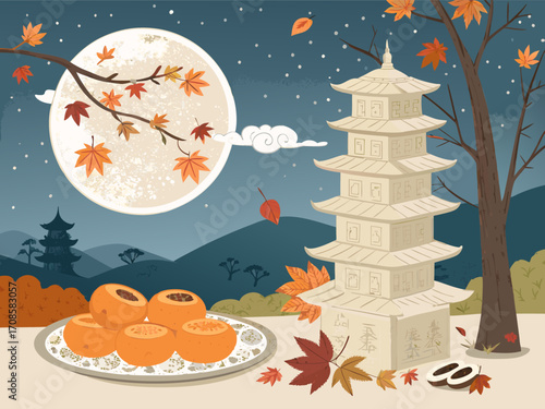 A serene illustration features a tall rice cake tower with intricate details, associated with Korea’s Chisel festival