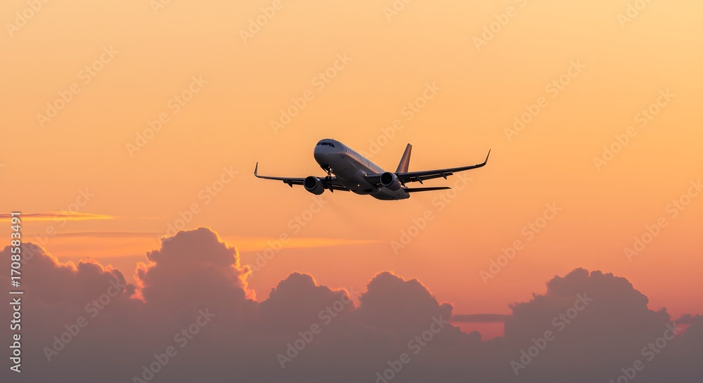 Fototapeta premium Commercial passenger airplane taking off and ascending into the colorful sky during a breathtaking sunset, a symbol of modern air travel and vacation