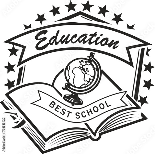 Vintage Monochrome Education Logo with Globe and Open Book Design