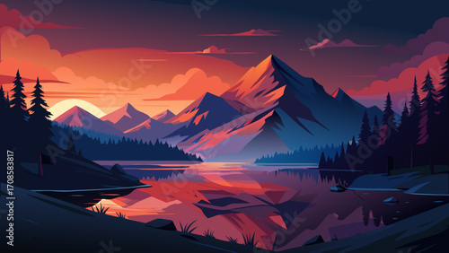 Vibrant sunset over mountain lake with pine forest reflection