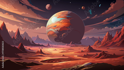 Alien planet landscape with large planet in the sky and rocky terrain