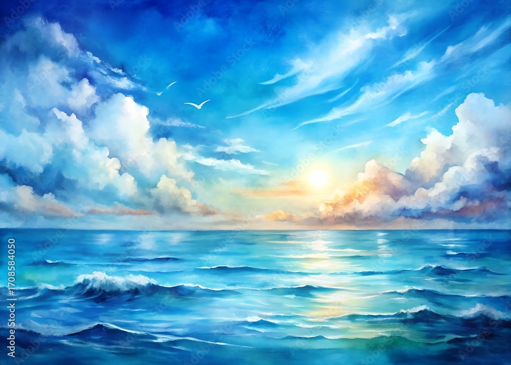 Naklejka premium A serene seascape painting with a bright sun and fluffy clouds above the ocean