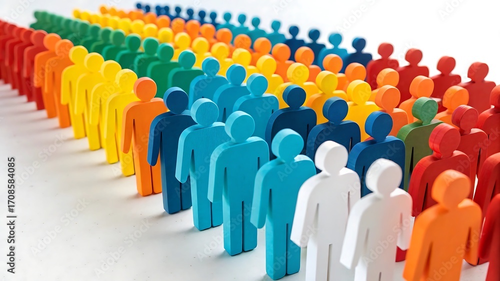 Obraz premium Large group of colorful human figures in rows, representing a crowd or population