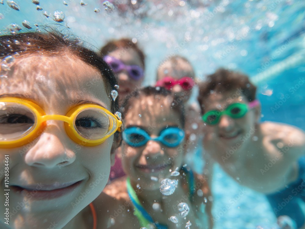 Naklejka premium Group of smiling kids wearing goggles playing underwater in a swimming pool.