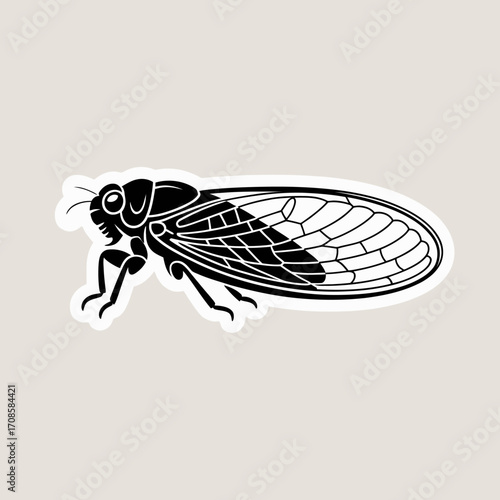 Detailed black and white illustration of a cicada insect