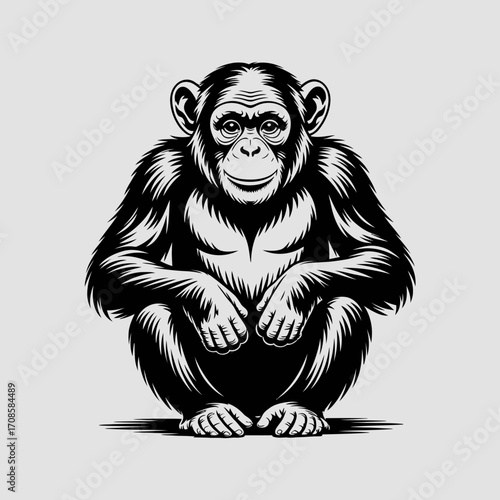 Detailed black and white illustration of a chimpanzee sitting