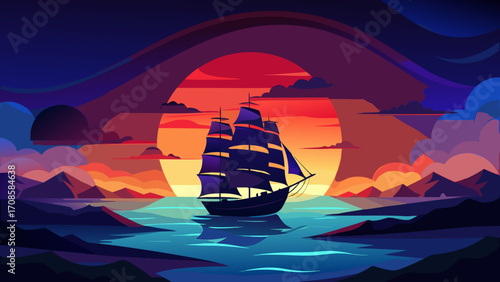 Sailboat on the ocean at sunset with colorful sky and mountains