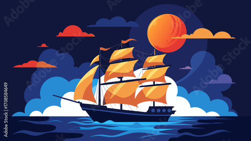 Sailboat with orange sails on a dark blue ocean under a large orange moon