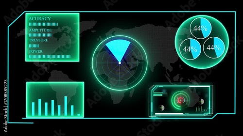 Futuristic hud Map display showing increasing bar charts and data analysis Animation of processing circle over data and globe. global connections, data processing and technology concept.