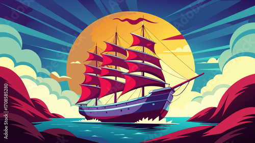 Stylized tall ship sailing on the ocean under a dramatic sunset sky