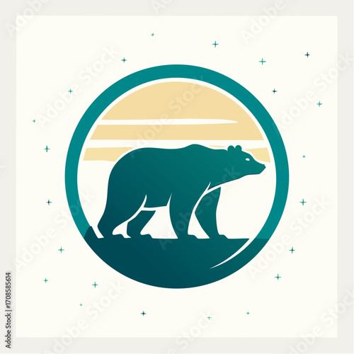 Modern teal silhouette of a bear walking in a round frame logo design concept