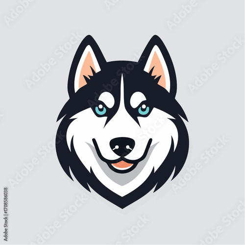 Simplified illustration of a husky dog head with a smiling expression and striking blue eyes