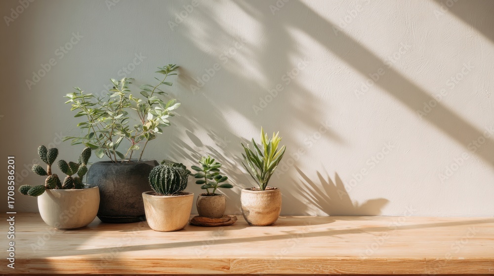 Fototapeta premium Elegant photo of indoor home scene with plants in pots. Sunlight casts shadows on light wooden surface, wall. Minimalist design with clean lines, empty space. Ideal for zoom.