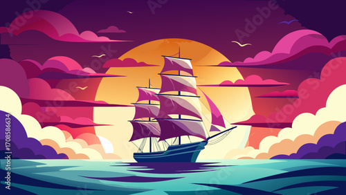 Sailing ship on the ocean at sunset with colorful clouds