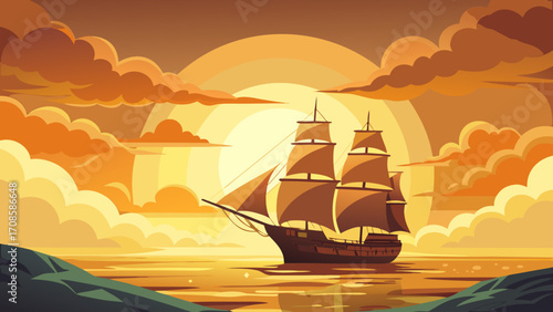Majestic tall ship sails on golden ocean at sunset