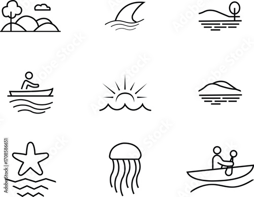 Hand-Drawn Nature Scene Outdoor Activities and Nautical Line Art Icons Collection (Boat, Waves, Jellyfish)