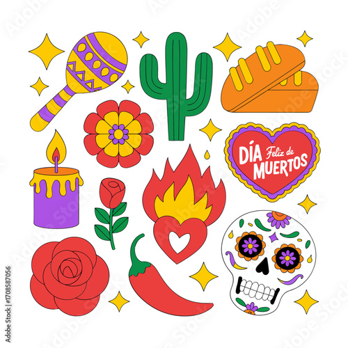 Dia de Muertos clipart, cactus and rose, pan de muerto bread, fire symbol, decorative heart, cute skull vector