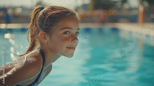 A girl with light brown hair and blue eyes smiles gently as she leans over the edge of a swimming pool