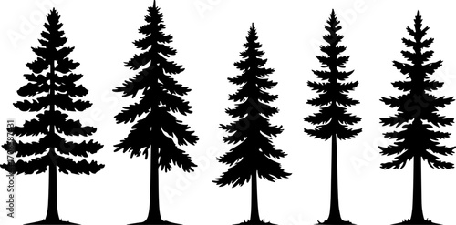 Five Pine Trees Silhouette Set