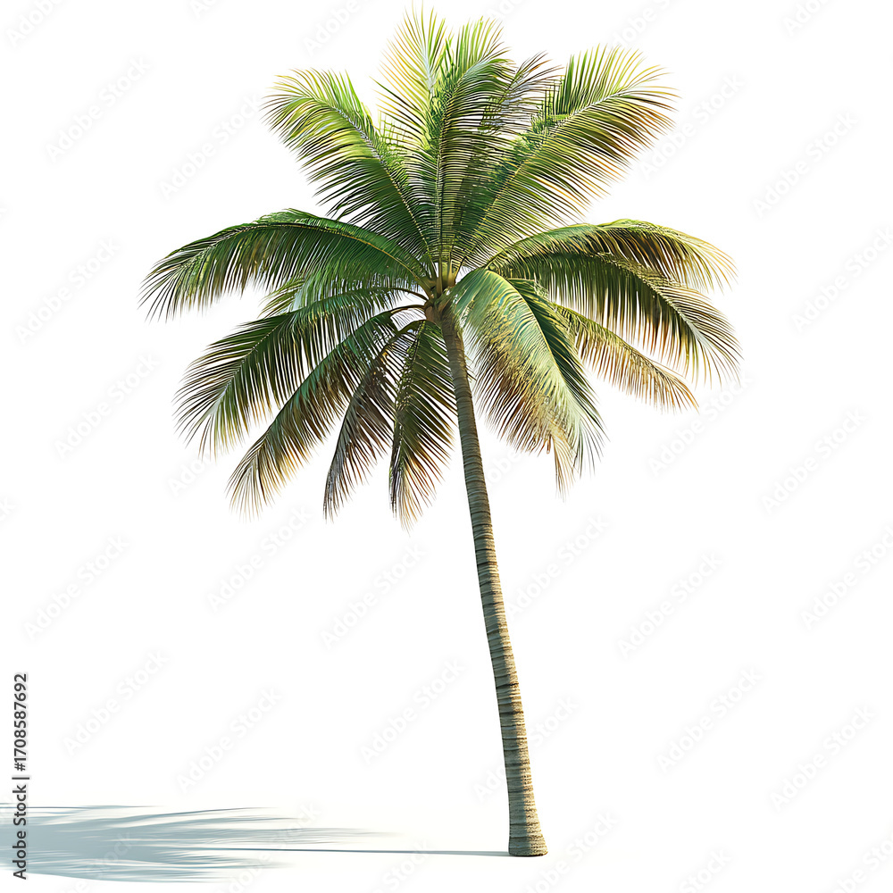 Obraz premium A single tall palm tree with green fronds isolated on white background
