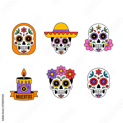 Sugar skull sticker pack, Dia de Muertos elements, sombrero hats, floral crowns, candle and banner, bright festive vector