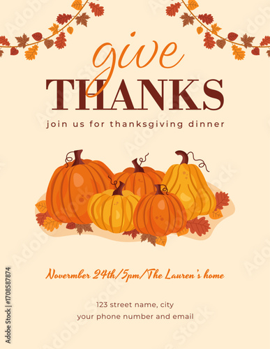 Vector Illustration of Happy Thanksgiving Day Invitation with Pumpkins and Autumn Leaves. Invitation to Thanksgiving Dinner.	