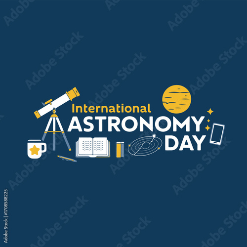 Vector art of international astronomy day celebration with telescope, book, and mug on a dark blue background, vector illustration