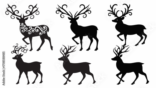 Elegant reindeer silhouette collection, perfect for holiday crafts and winter designs, nature illustrations