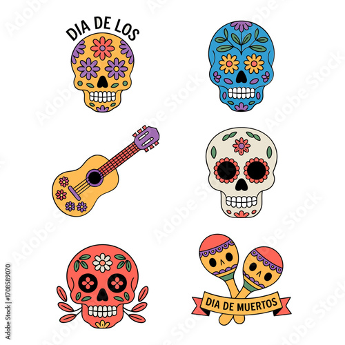 Dia de los Muertos icons, guitar and maracas, sugar skull faces, playful stickers, bright colors, holiday celebration vector