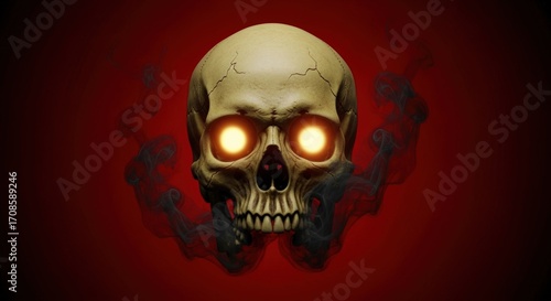 Skull with glowing eyes surrounded by smoke against a dark red background art