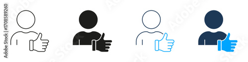 Person Giving Thumbs Up Line And Silhouette Icon Set. Positive Feedback, Approval, And Agreement Symbol Collection. User Satisfaction And Support. Isolated Vector Illustration