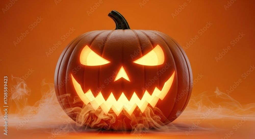 Fototapeta premium Glowing jack o lantern with spooky face and smoke on an orange halloween background