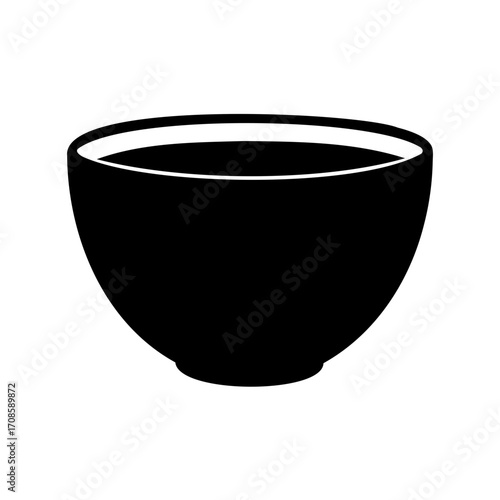 A minimalist black bowl illustration with clean white backdrop and graphic elements