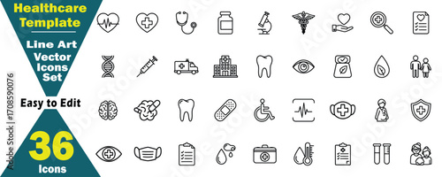 Healthcare Line Art Vector Icons Set. Easy to Edit 36 Icons medical. health, syringe, ambulance, hospital, tooth, eye, leaf, couple, brain, band aid, illustration. 