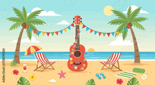 A decorated ukulele on a tropical beach with palm trees and beach chairs.