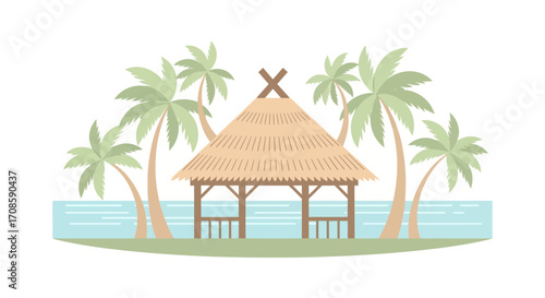 Thatched roof gazebo on a tropical beach.