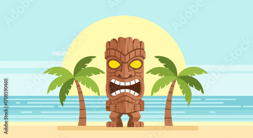 A fierce wooden tiki idol stands tall on a tropical beach between two palm trees.