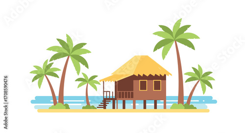 Tropical beach hut with palm trees on a sandy shore.