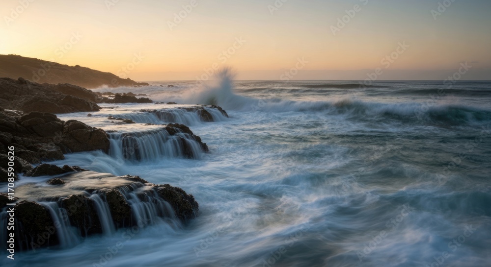 Obraz premium Dramatic coastal sunrise, cascading waves over rocks